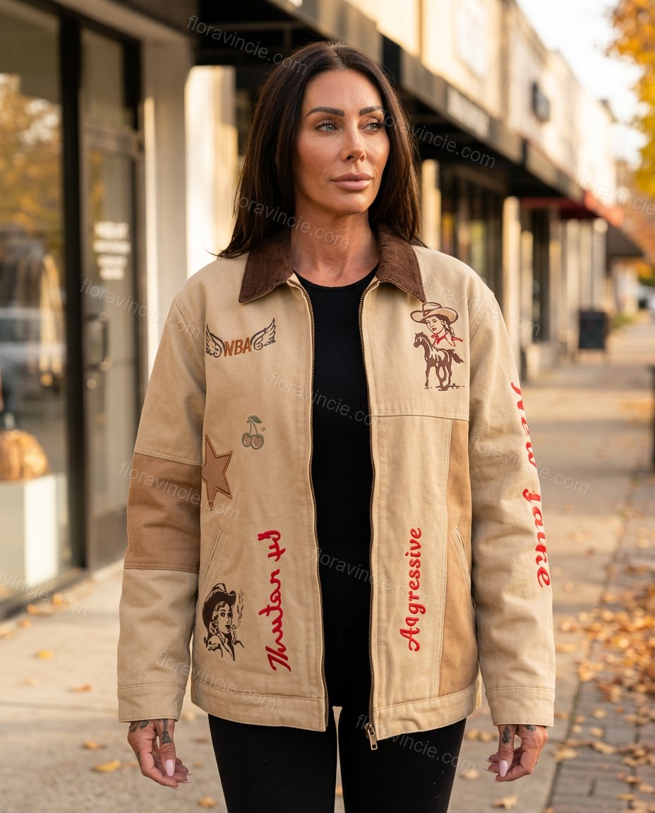Tan Patchwork Embroidered Corduroy Jacket, alternate use-case lifestyle view, by Floravincie