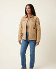 Tan Patchwork Embroidered Corduroy Jacket, side and back studio view, by Floravincie