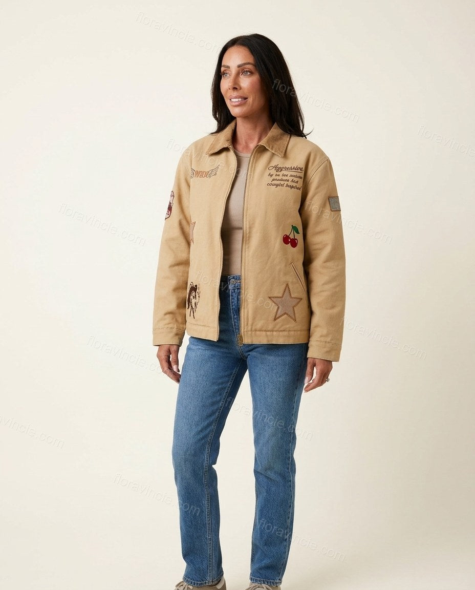 Tan Patchwork Embroidered Corduroy Jacket, side and back studio view, by Floravincie