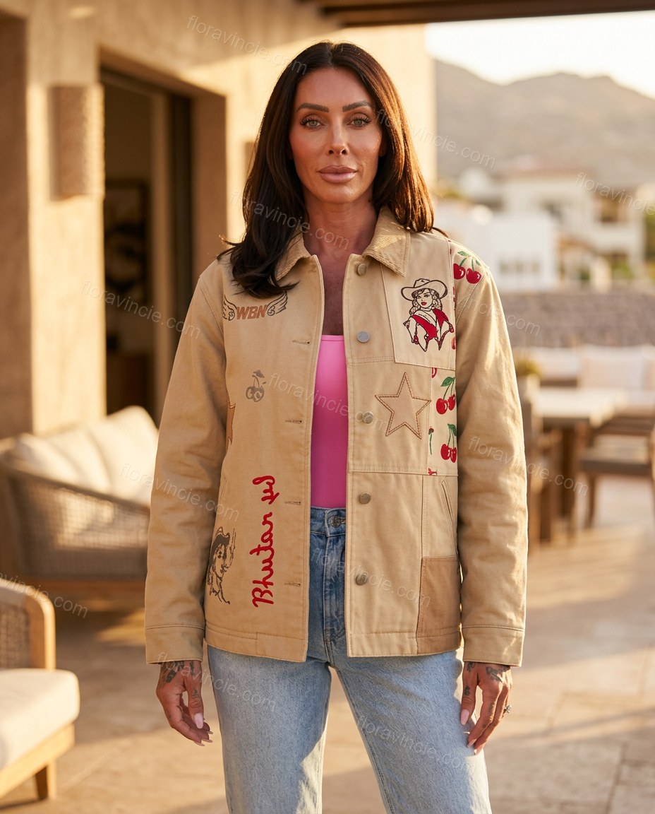 Tan Patchwork Embroidered Corduroy Jacket, three-quarter brand lifestyle view, by Floravincie