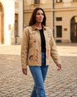 Tan Patchwork Embroidered Corduroy Jacket, movement and fit lifestyle view, by Floravincie