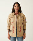 Tan Patchwork Embroidered Corduroy Jacket, front studio view, by Floravincie