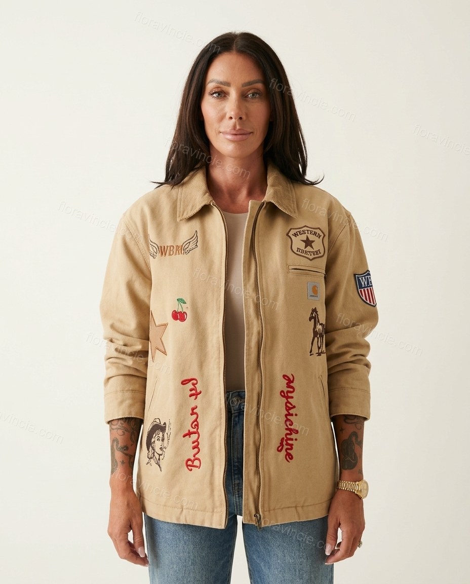 Tan Patchwork Embroidered Corduroy Jacket, front studio view, by Floravincie