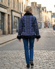 Blue Floral Embroidered Faux-Fur Coat, movement and fit lifestyle view, by Floravincie