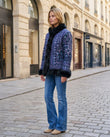 Blue Floral Embroidered Faux-Fur Coat, walking lifestyle view, by Floravincie
