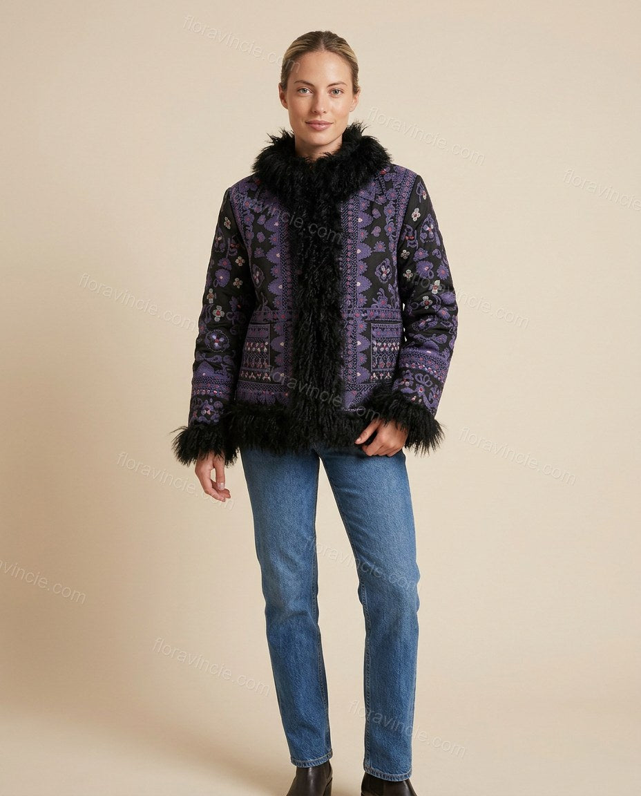 Blue Floral Embroidered Faux-Fur Coat, full-length hero view, by Floravincie