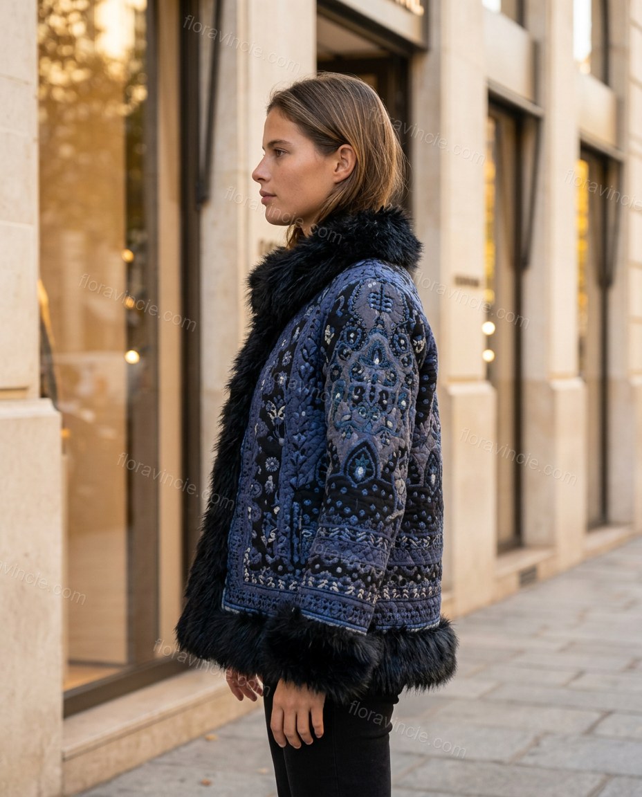 Blue Floral Embroidered Faux-Fur Coat, three-quarter brand lifestyle view, by Floravincie