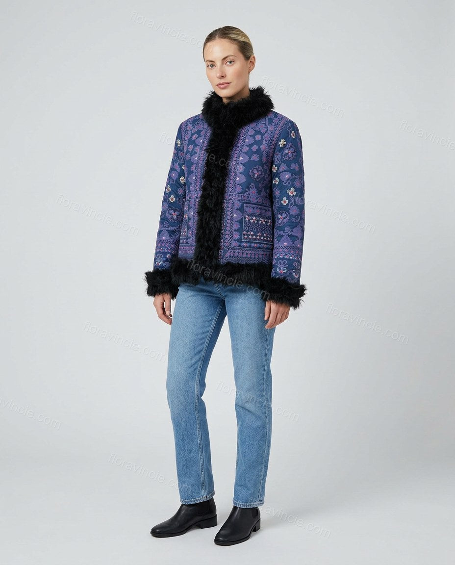 Blue Floral Embroidered Faux-Fur Coat, front studio view, by Floravincie