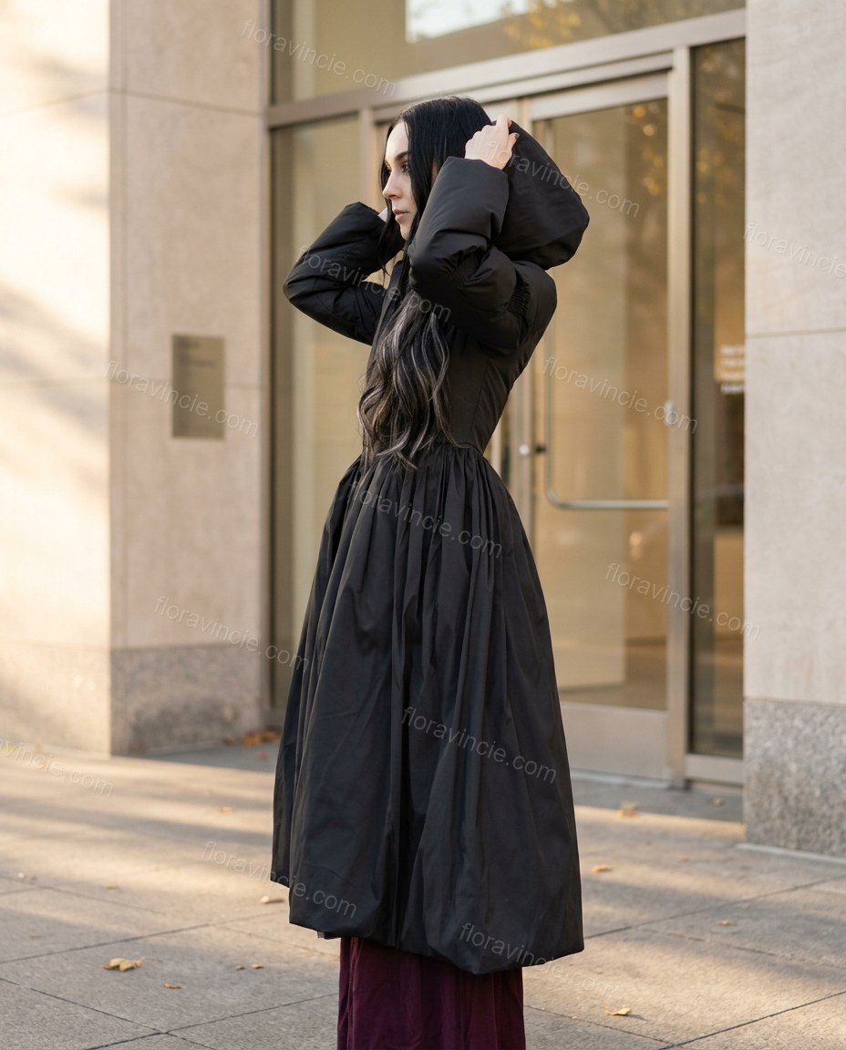 Black Satin Coat, alternate use-case lifestyle view, by Floravincie