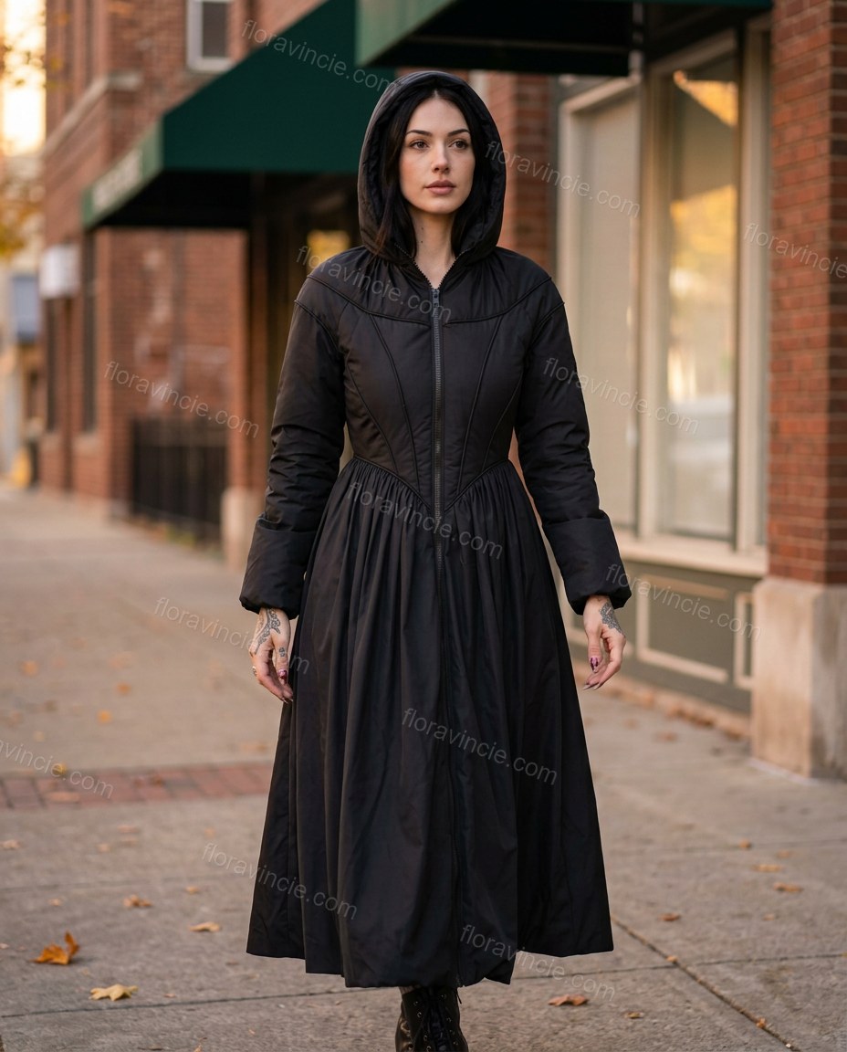 Black Satin Coat, movement and fit lifestyle view, by Floravincie