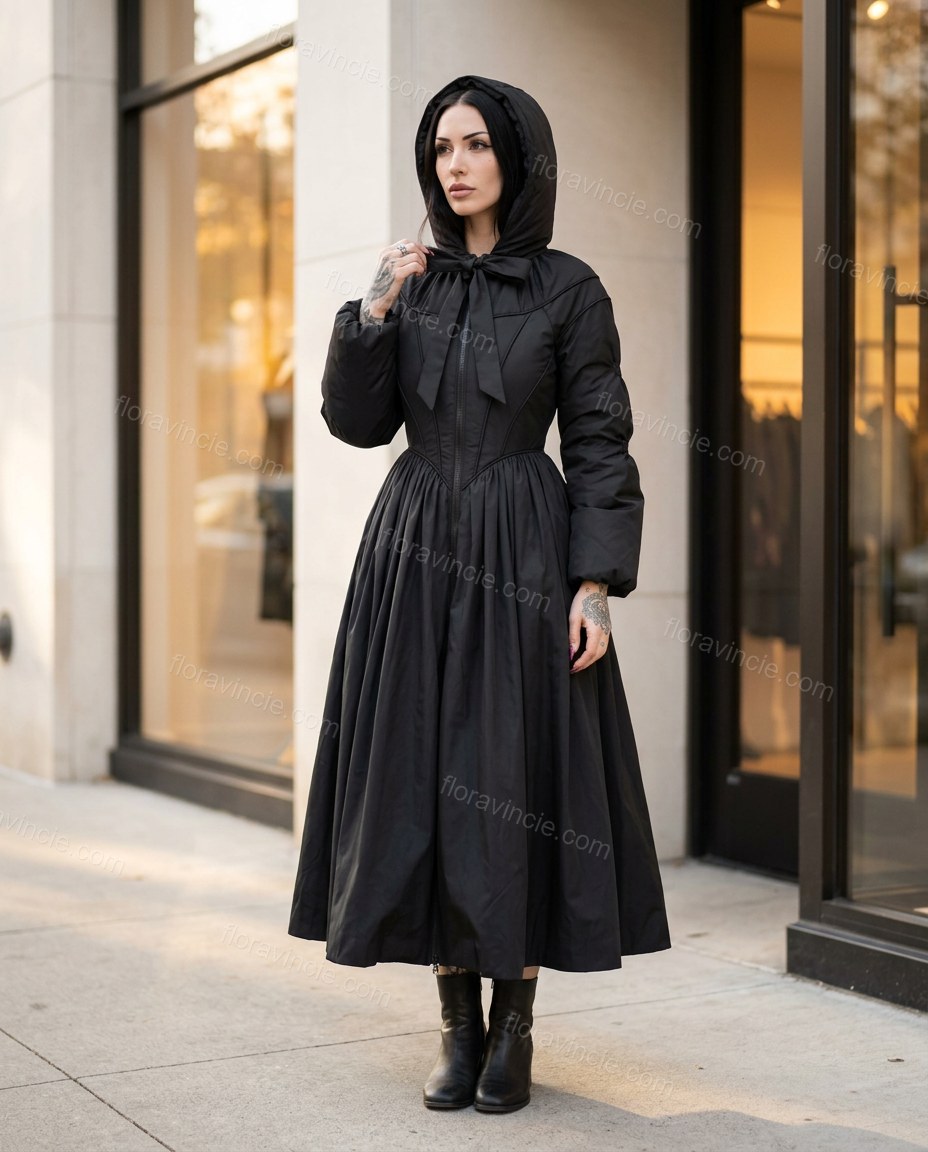 Black Satin Coat, three-quarter brand lifestyle view, by Floravincie