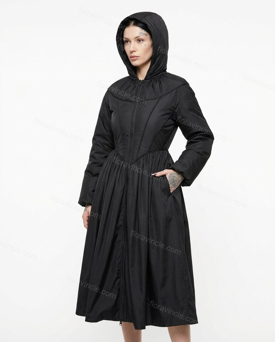 Black Satin Coat, front studio view, by Floravincie