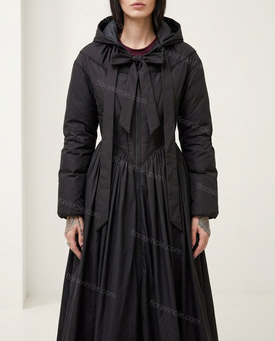 Black Satin Coat, full-length hero view, by Floravincie