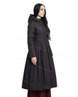 Black Satin Coat, side and back studio view showing gathered skirt with fitted bodice, by Floravincie