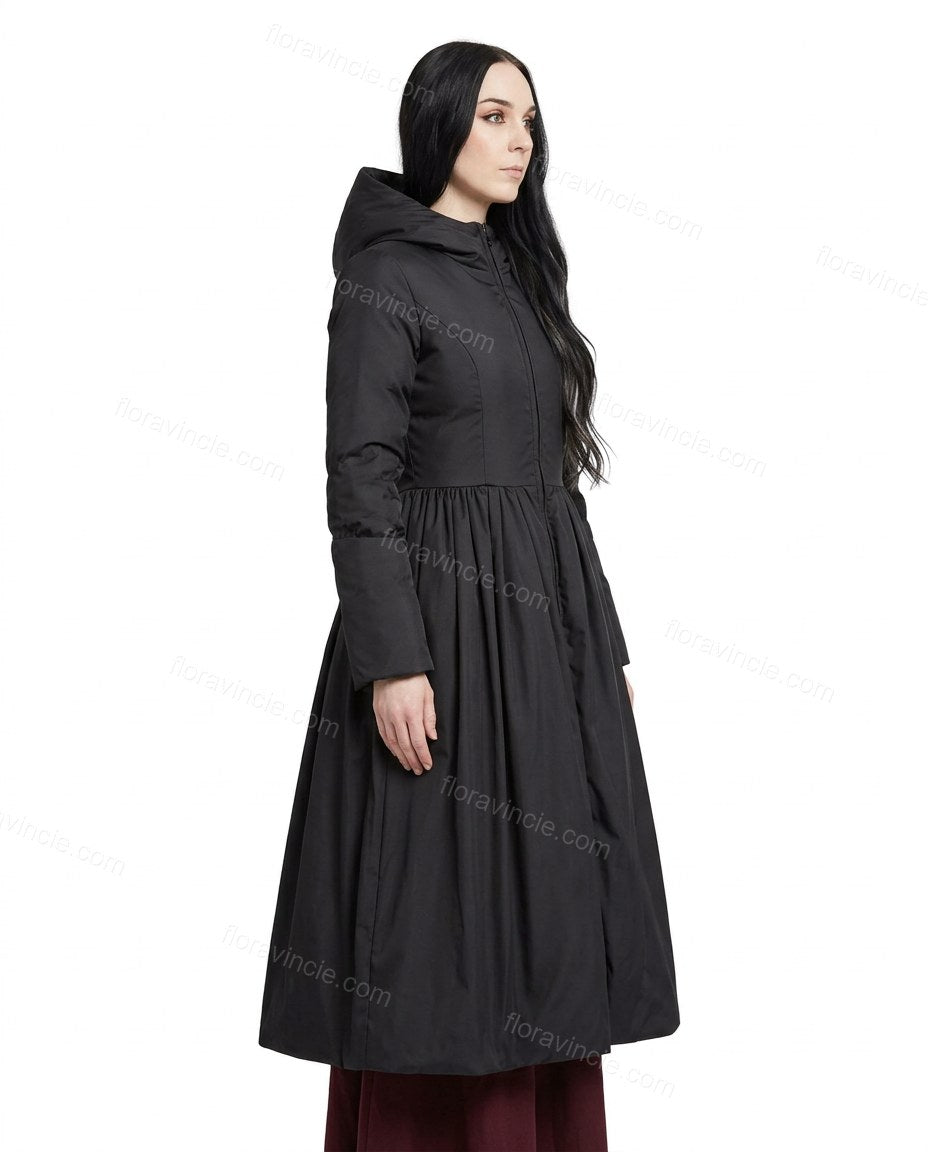 Black Satin Coat, side and back studio view showing gathered skirt with fitted bodice, by Floravincie