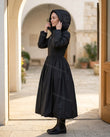 Black Satin Coat, walking lifestyle view, by Floravincie
