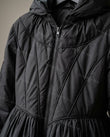 Black Satin Coat, close-up of hood, gathered waist and gathered skirt, by Floravincie