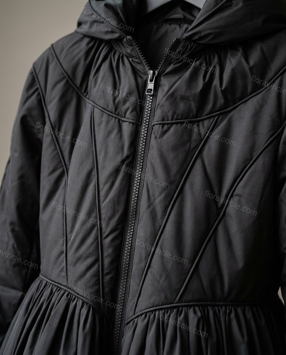 Black Satin Coat, close-up of hood, gathered waist and gathered skirt, by Floravincie