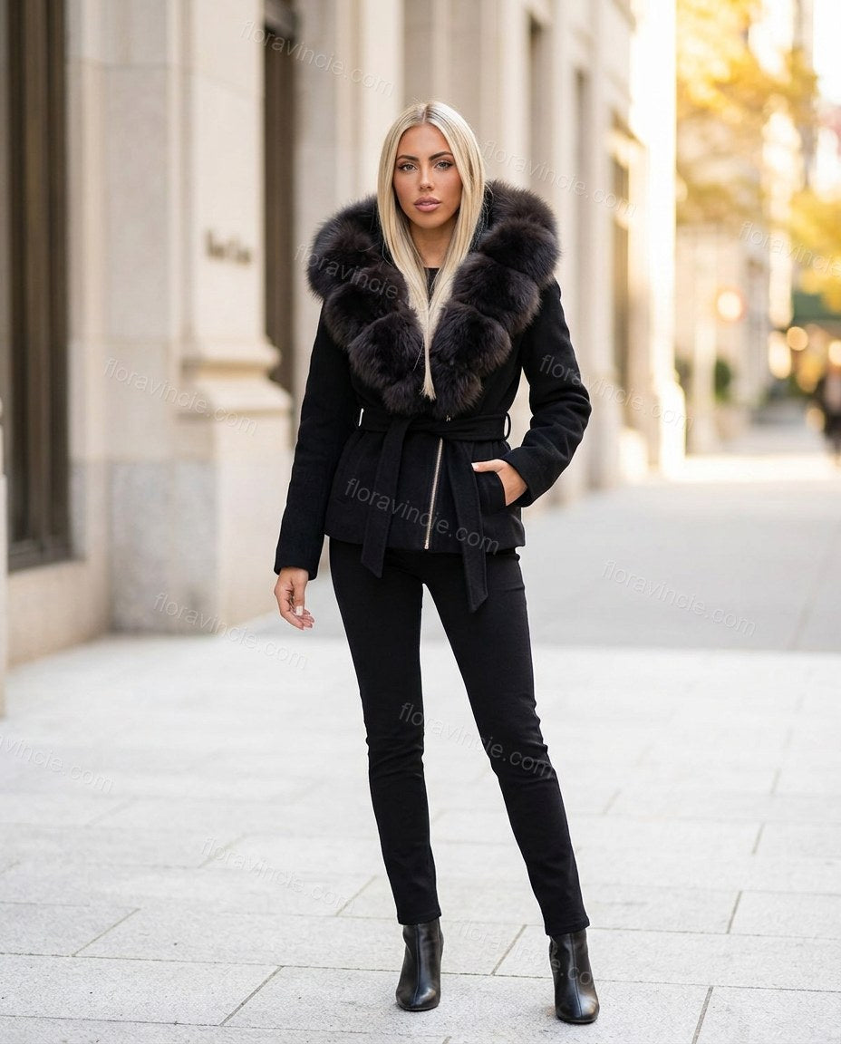 Black Faux-Fur Jacket, full-length hero view, by Floravincie