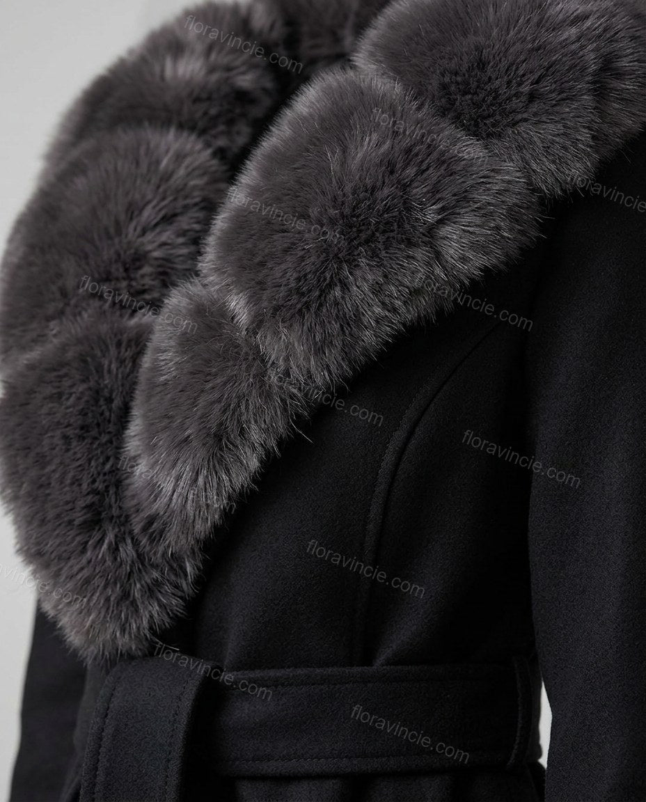 Black Faux-Fur Jacket, close-up of hood, faux fur trim and fur collar, by Floravincie
