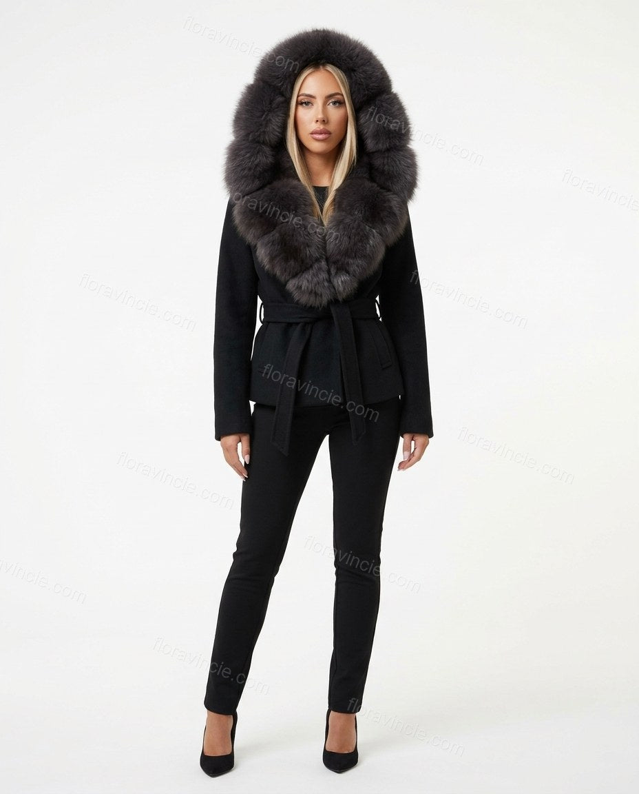 Black Faux-Fur Jacket, side and back studio view, by Floravincie