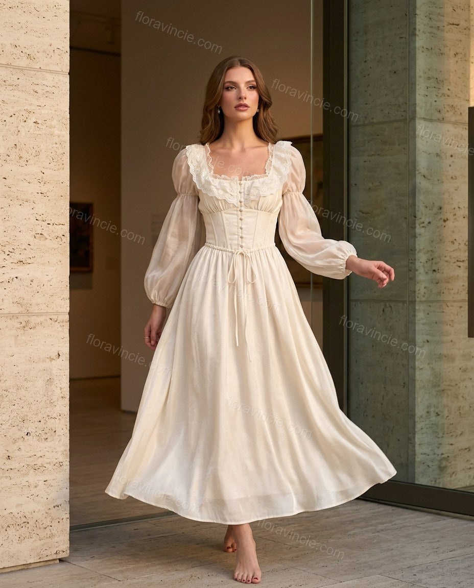 Ivory Ruffled Lace Dress, movement and fit lifestyle view, by Floravincie