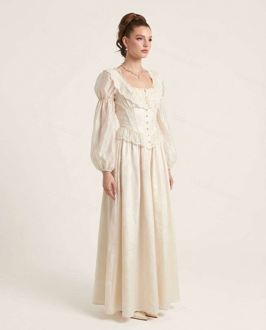Ivory Ruffled Lace Dress, front studio view, by Floravincie