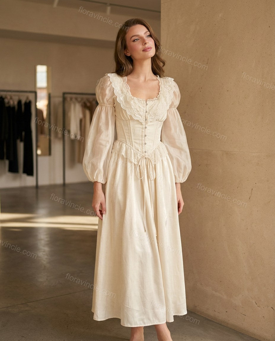 Ivory Ruffled Lace Dress, three-quarter brand lifestyle view, by Floravincie