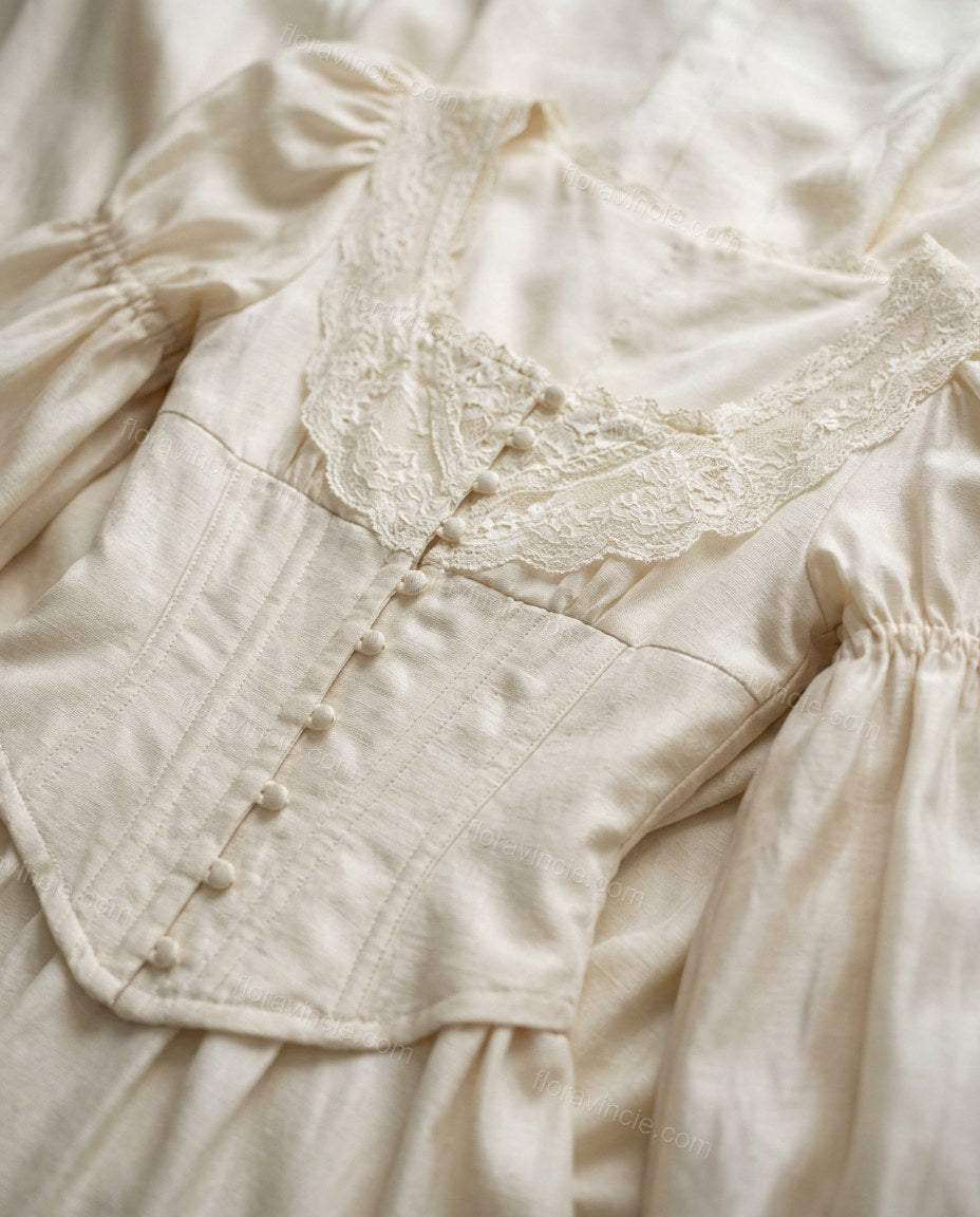 Ivory Ruffled Lace Dress, close-up of ruffled trim, drawstring waist and lace trim, by Floravincie