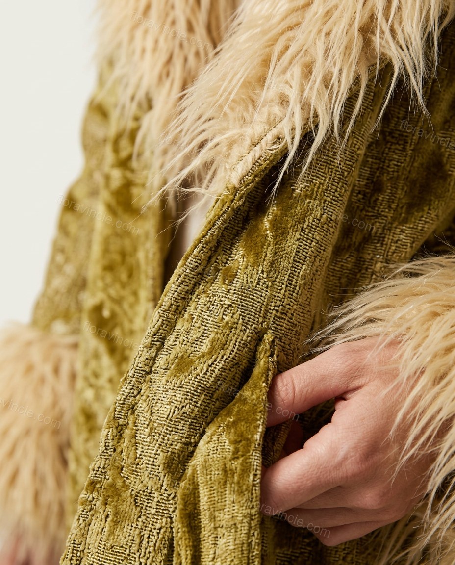 Gold Floral Velvet Coat, close-up of floral, by Floravincie