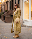 Gold Floral Velvet Coat, walking lifestyle view, by Floravincie