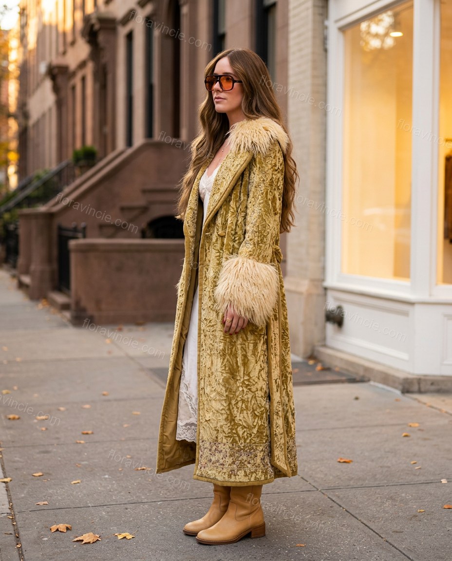 Gold Floral Velvet Coat, walking lifestyle view, by Floravincie