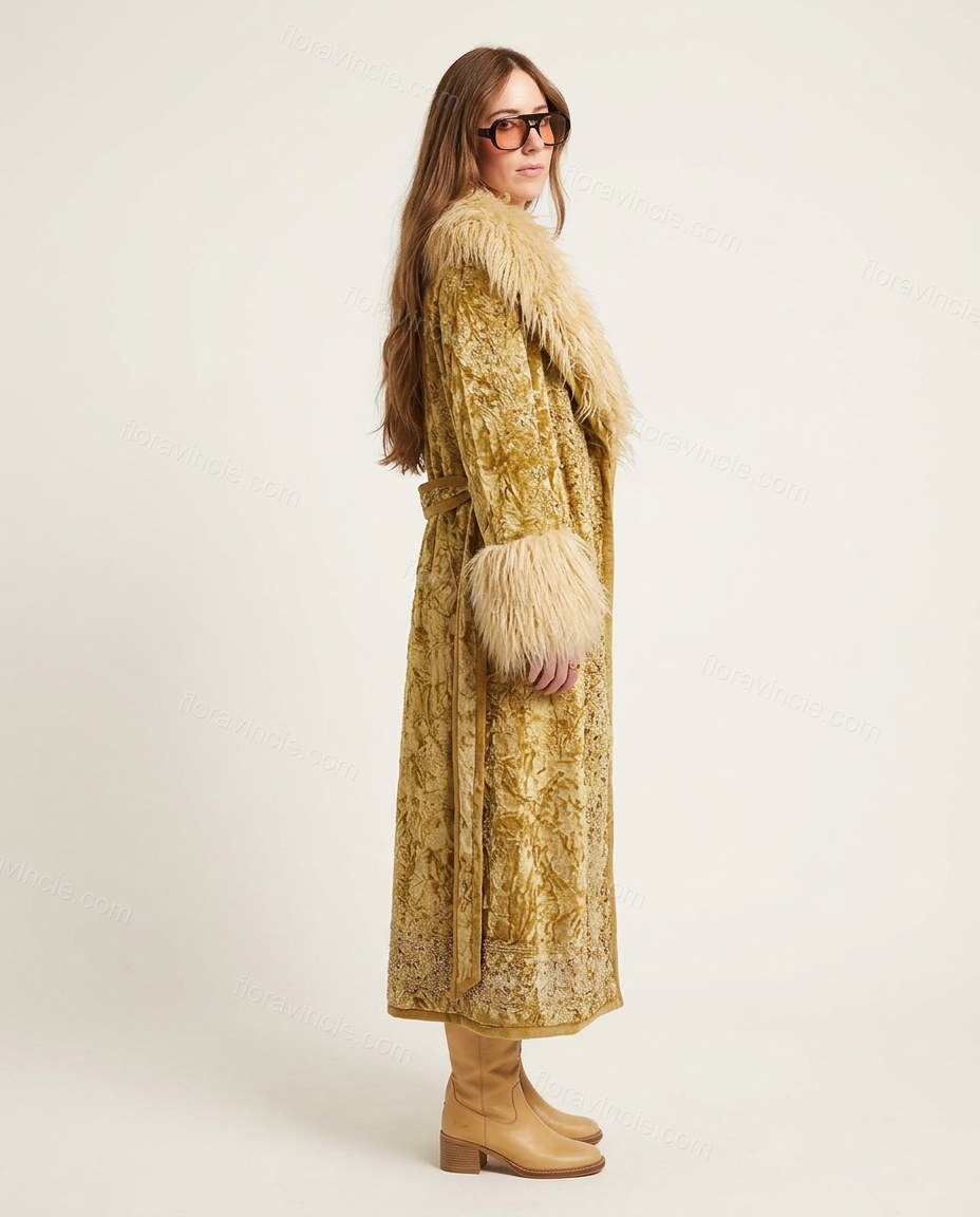 Gold Floral Velvet Coat, side and back studio view, by Floravincie