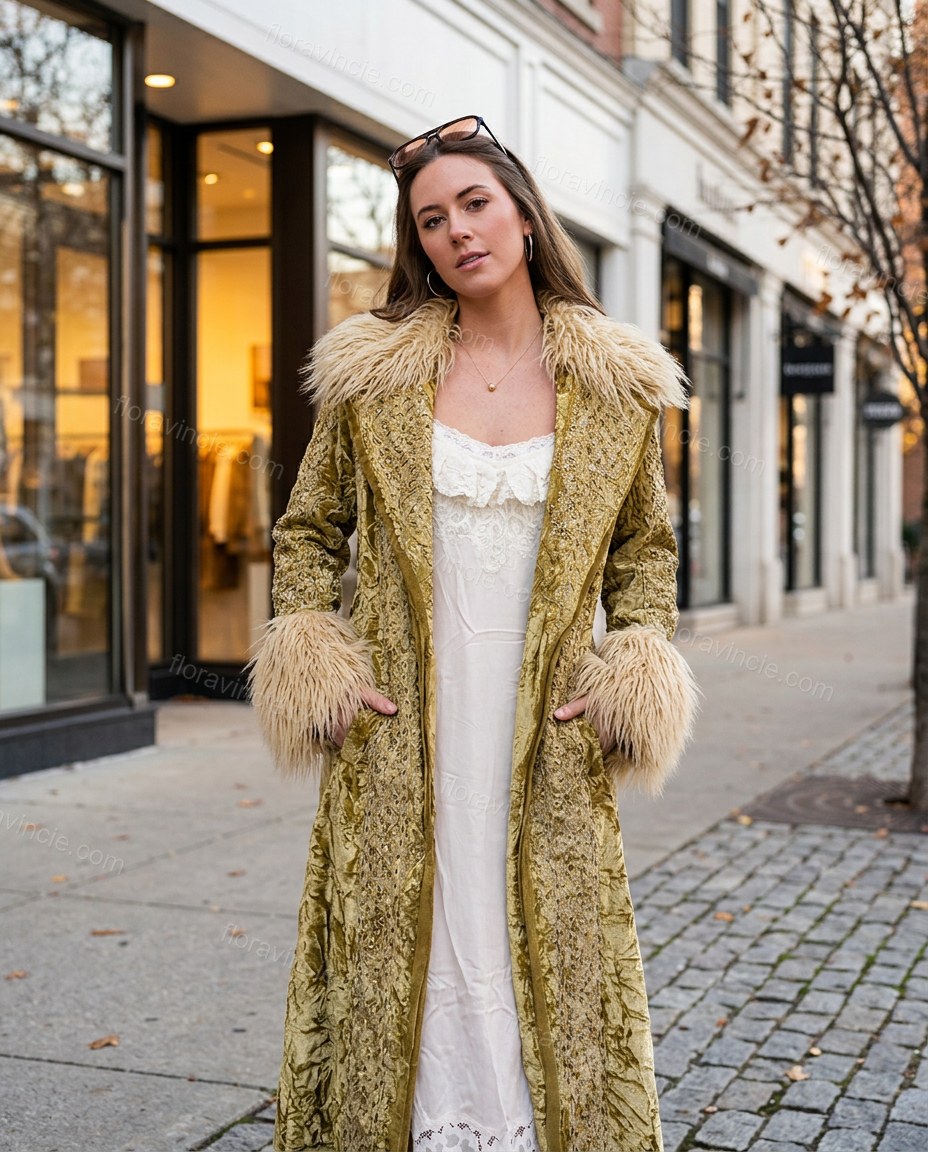 Gold Floral Velvet Coat, three-quarter brand lifestyle view, by Floravincie