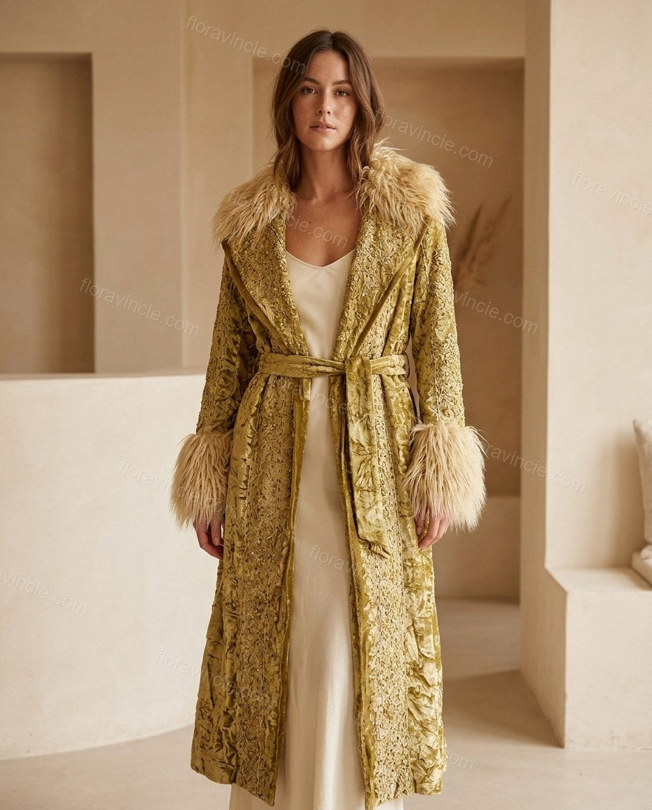 Gold Floral Velvet Coat, full-length hero view, by Floravincie