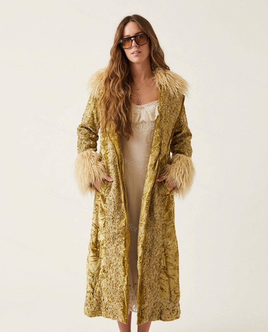 Gold Floral Velvet Coat, front studio view, by Floravincie