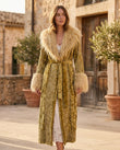 Gold Floral Velvet Coat, movement and fit lifestyle view, by Floravincie