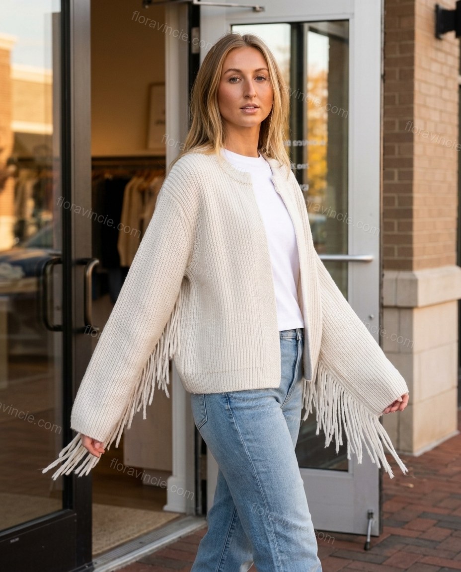 Warm Ivory Cream Fringe Knit Ribbed Cardigan, alternate use-case lifestyle view, by Floravincie