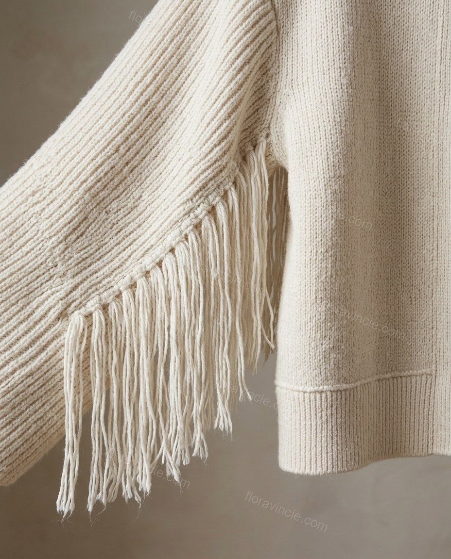 Warm Ivory Cream Fringe Knit Ribbed Cardigan, close-up of fringe trim, open front without a high collar and long wide sleeves with dramatic long fringe, by Floravincie