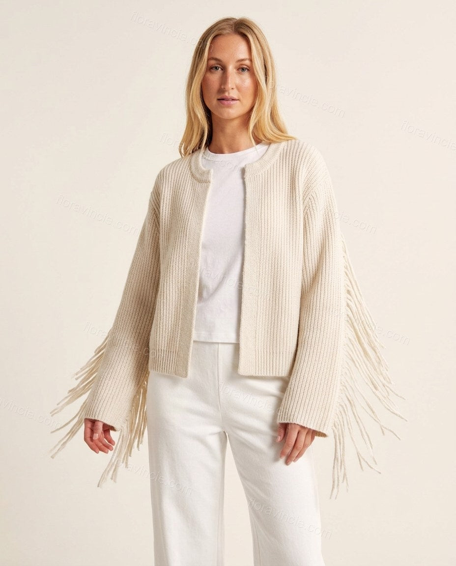 Warm Ivory Cream Fringe Knit Ribbed Cardigan, front studio view, by Floravincie
