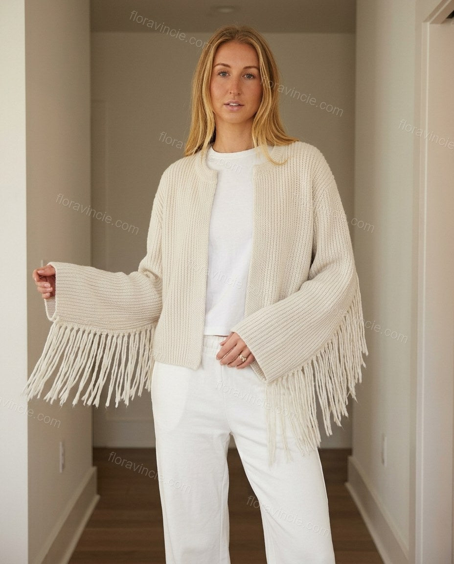 Warm Ivory Cream Fringe Knit Ribbed Cardigan, full-length hero view, by Floravincie