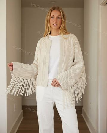 Warm Ivory Cream Fringe Knit Ribbed Cardigan, full-length hero view, by Floravincie