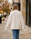 Warm Ivory Cream Fringe Knit Ribbed Cardigan, three-quarter brand lifestyle view, by Floravincie