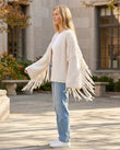 Warm Ivory Cream Fringe Knit Ribbed Cardigan, movement and fit lifestyle view, by Floravincie