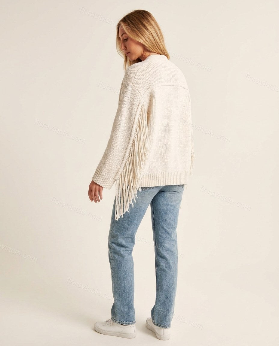 Warm Ivory Cream Fringe Knit Ribbed Cardigan, back studio view, by Floravincie