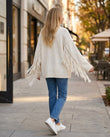 Warm Ivory Cream Fringe Knit Ribbed Cardigan, walking lifestyle view, by Floravincie