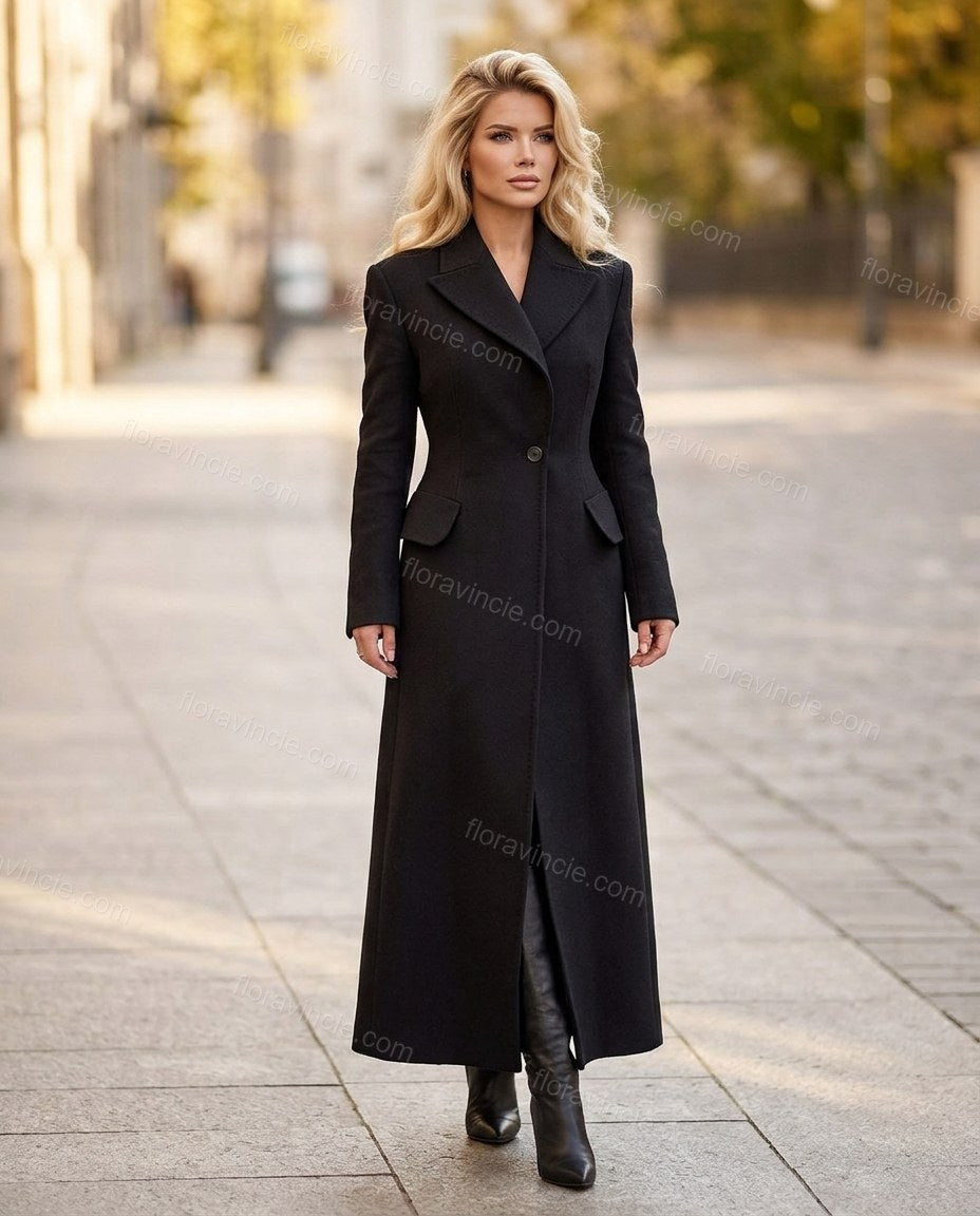 Deep Black with Slight Plum Coat, full-length hero view, by Floravincie