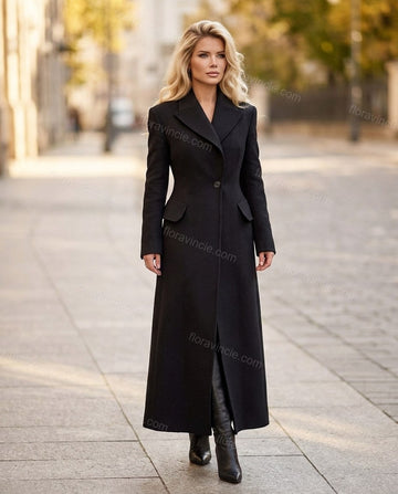Deep Black with Slight Plum Coat, full-length hero view, by Floravincie