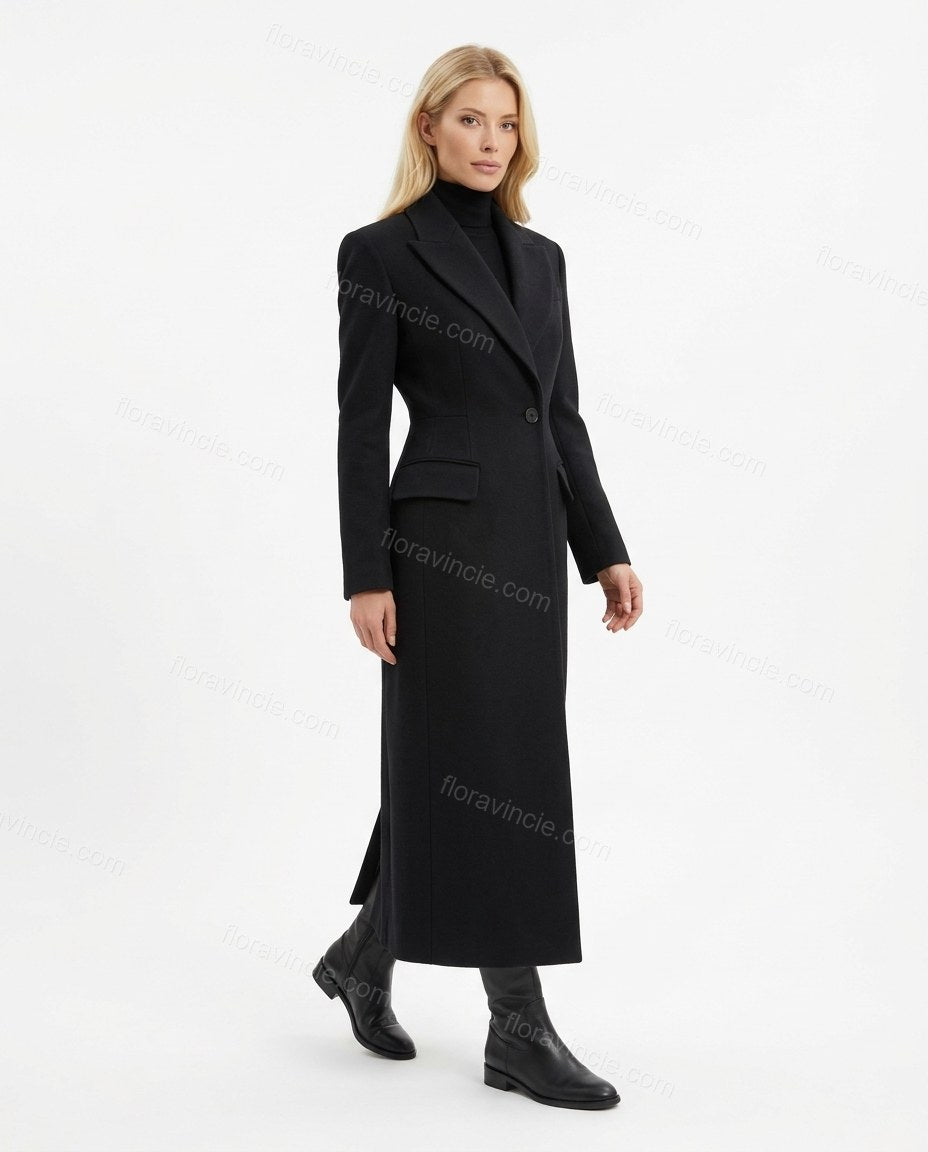 Deep Black with Slight Plum Coat, side and back studio view, by Floravincie