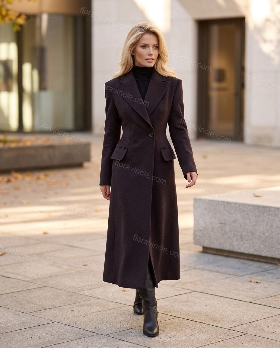 Deep Black with Slight Plum Coat, walking lifestyle view, by Floravincie